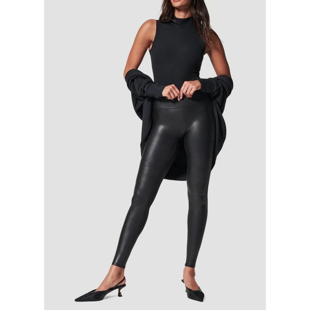 SPANX $98 Womens Medium Black Faux Leather High Waist Shareware Leggings Z2